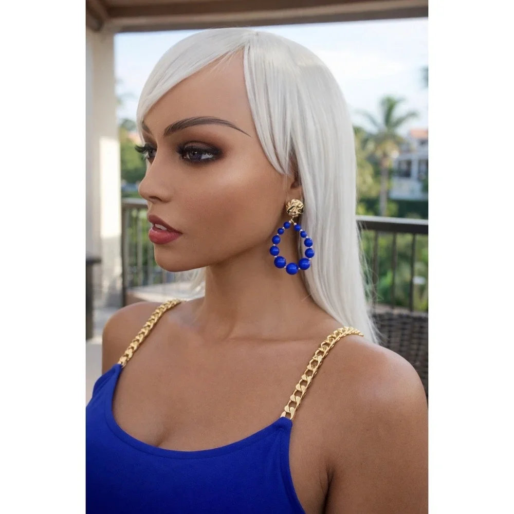 Cobalt Blue Beaded Hoop Drop Earrings Gold Tone Textured Stud Statement Jewelry‎